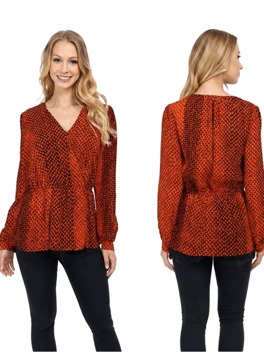 MICHAEL KORS Kobe Print Faux Wrap Peplum Blouse Top Choco Mandarin Size Medium